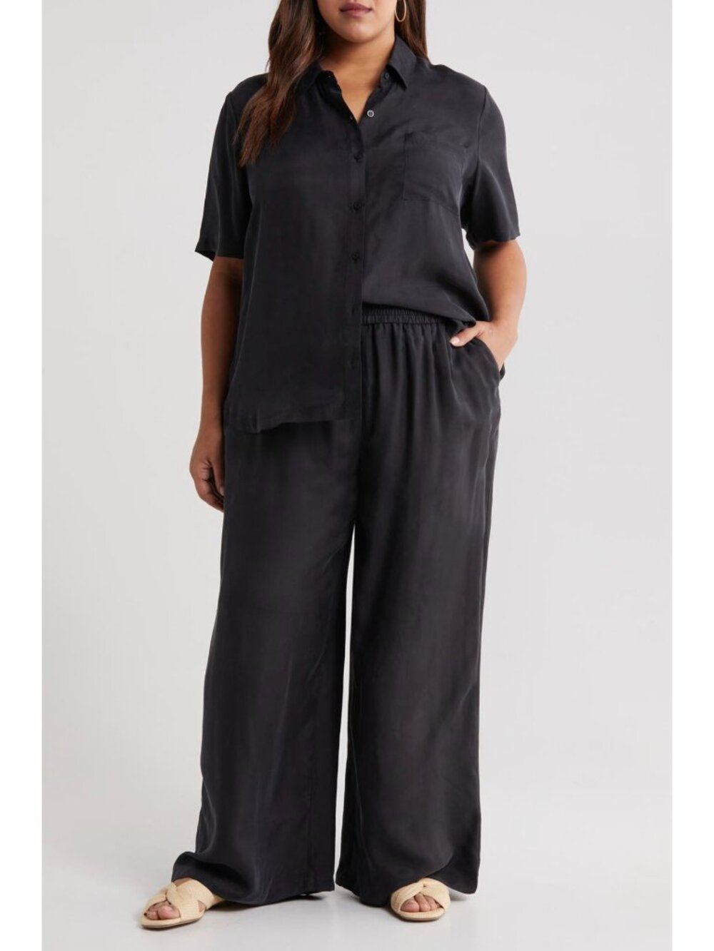 Nordstrom Brand, Black Button-Up Short Sleeve Top (Plus 1X)